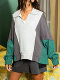 High-Low Exposed Seam Contrast Long Sleeve Sweatshirt - Trendsi - Flyclothing LLC