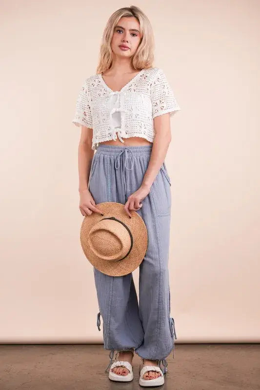 VERY J Front Tie Crochet Crop Top - Trendsi - Flyclothing LLC