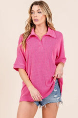 BOMBOM Ribbed Collared Neck Top - Trendsi - Flyclothing LLC