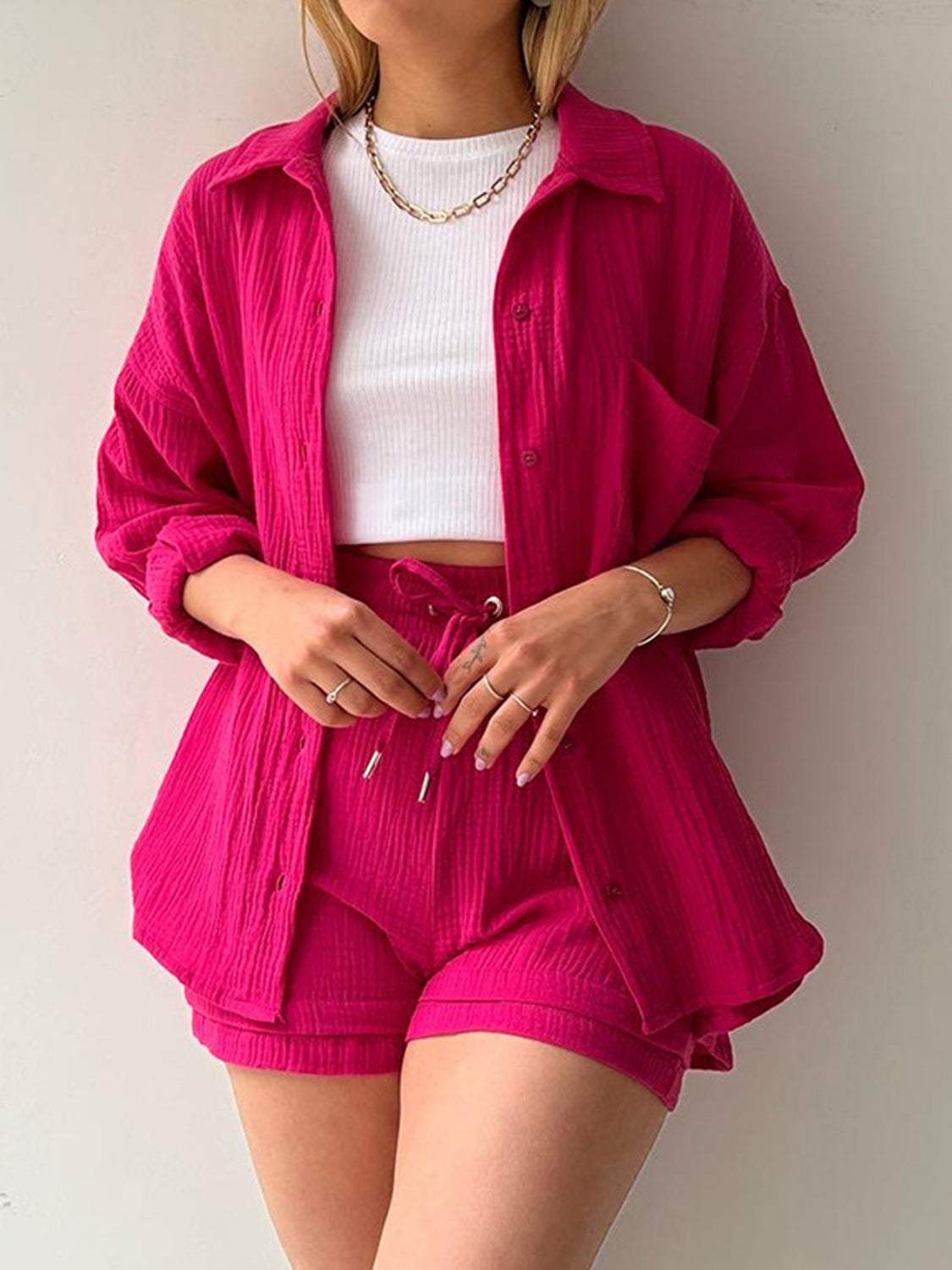 Texture Button Up Shirt and Drawstring Shorts Set - Trendsi - Flyclothing LLC