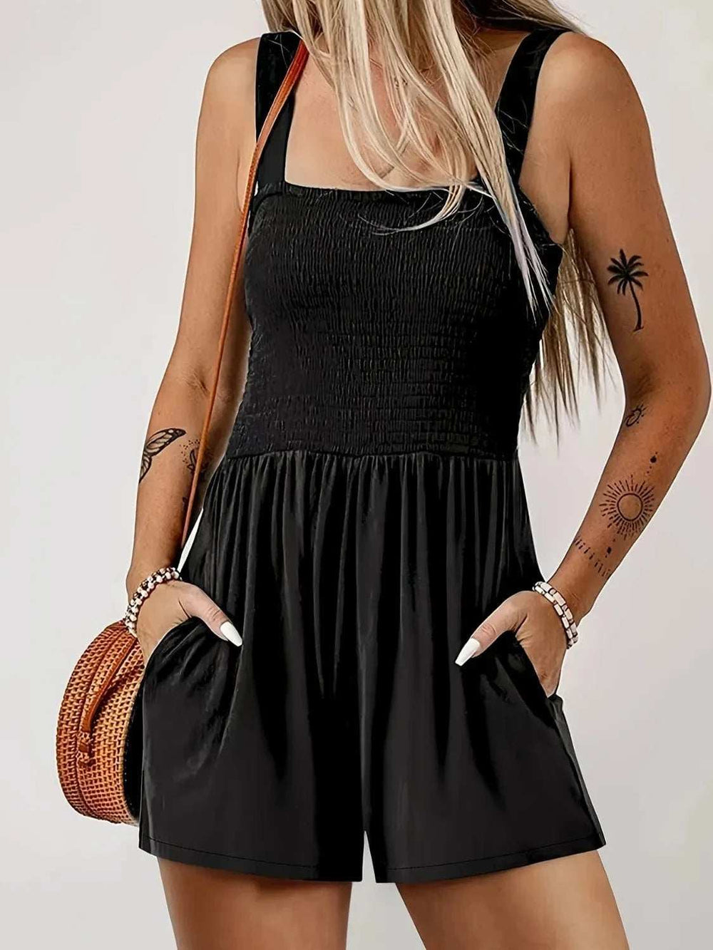 Full Size Smocked Wide Strap Romper Plus Size - Trendsi - Flyclothing LLC