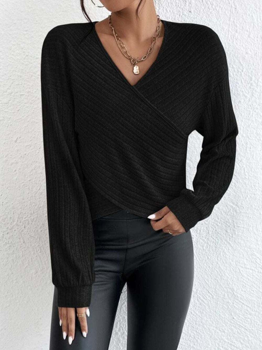 Surplice Dropped Shoulder Long Sleeve T-Shirt - Trendsi - Flyclothing LLC