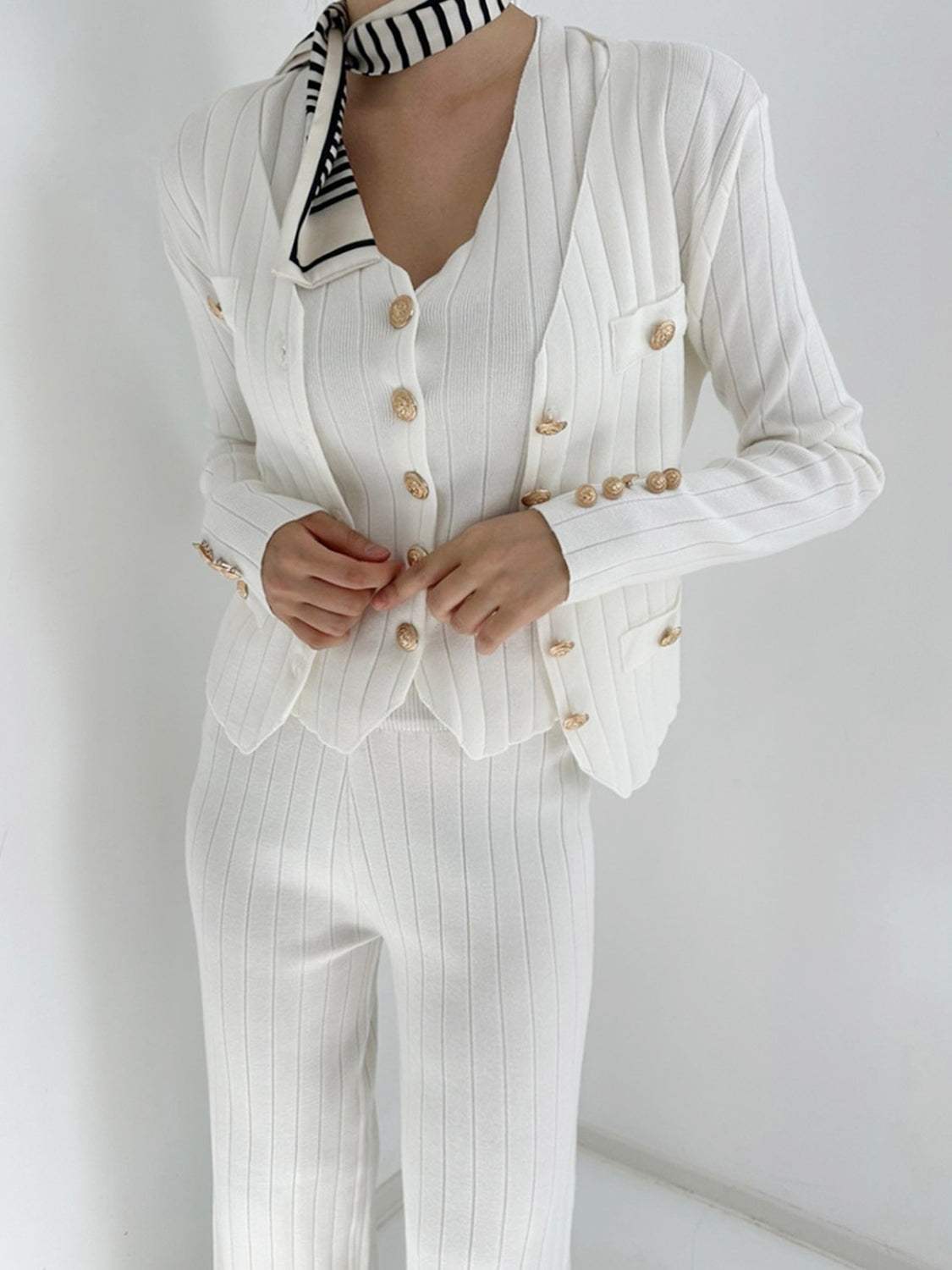 V-Neck Tank, Cardigan and Pants Three-Piece Sweater Set - Trendsi - Flyclothing LLC
