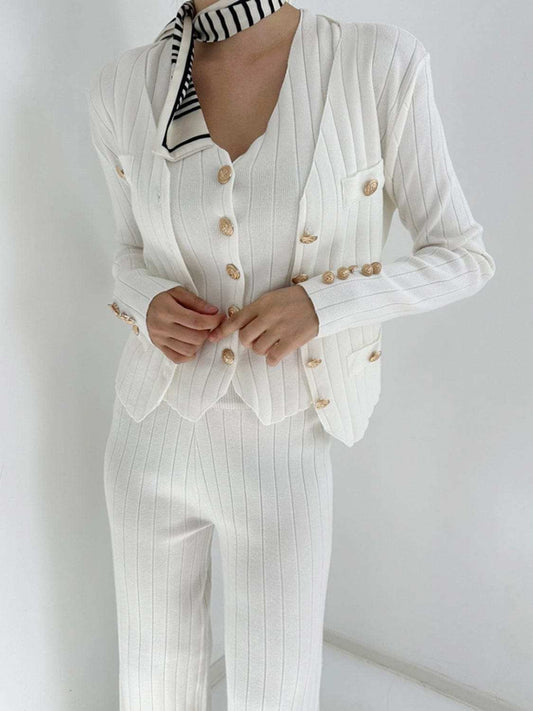 V-Neck Tank, Cardigan and Pants Three-Piece Sweater Set - Trendsi - Flyclothing LLC