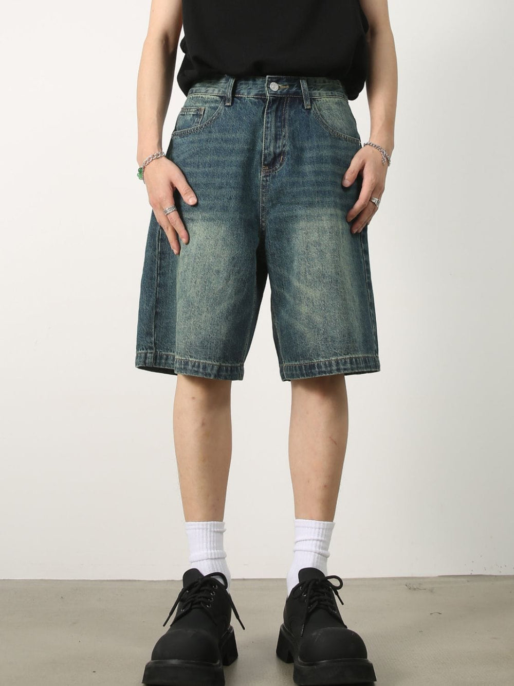Men's Washed Denim Shorts with Pockets - Trendsi