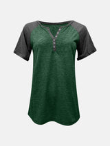 Contrast Notched Short Sleeve T-Shirt - Trendsi - Flyclothing LLC
