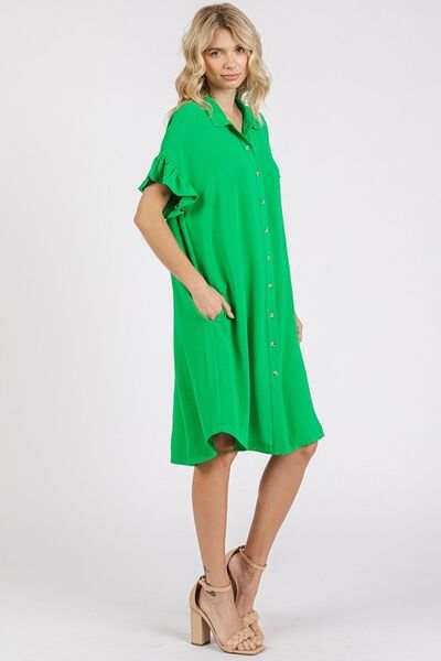 Mittoshop Button Down Flounce Sleeve Dress with Pockets - Trendsi - Flyclothing LLC
