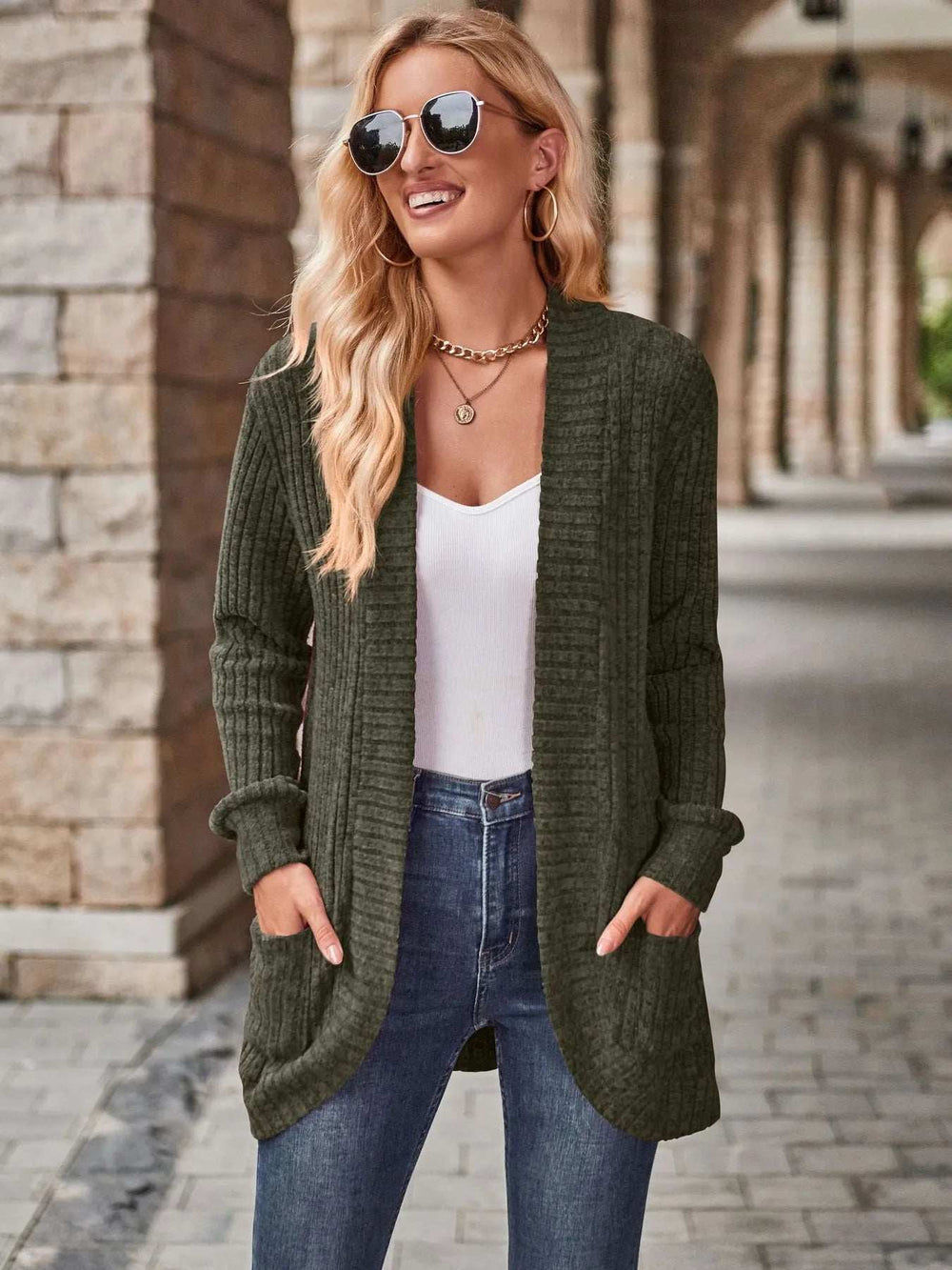 Ribbed Open Front Long Cardigan with Pockets - Trendsi - Flyclothing LLC