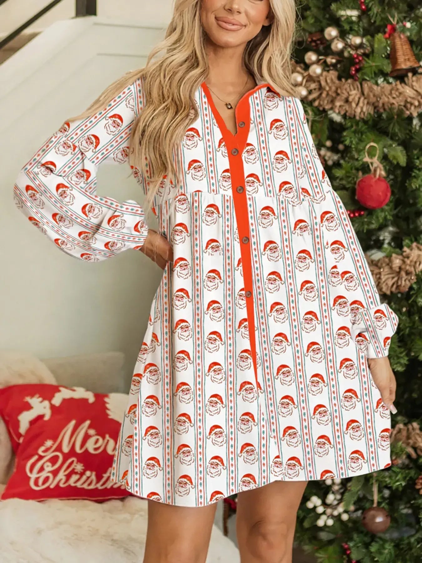 Christmas Santa Print Button Front Mini Dress - Trendsi - Flyclothing LLC