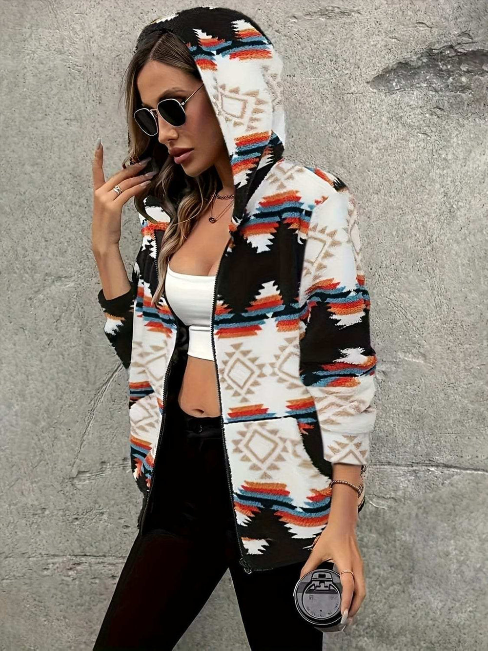 Geometric Zip Up Hooded Sherpa Jacket - Trendsi - Flyclothing LLC