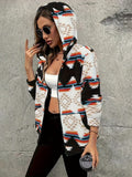 Geometric Zip Up Hooded Sherpa Jacket - Trendsi