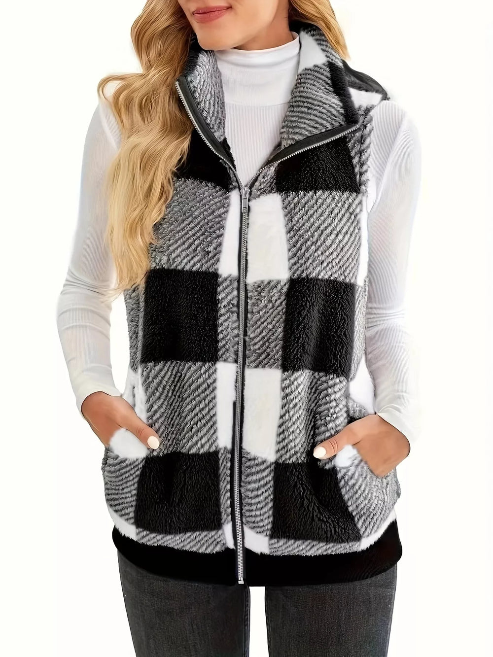 Plus Size Cozy Plaid Fleece Vest Coat - Trendsi - Flyclothing LLC