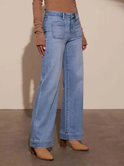 High Rise Front Pocket Patch Wide Leg Jeans - Trendsi - Flyclothing LLC