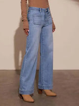 High Rise Front Pocket Patch Wide Leg Jeans - Trendsi - Flyclothing LLC