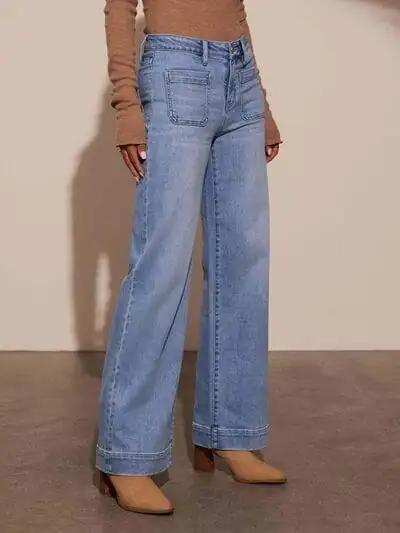 High Rise Front Pocket Patch Wide Leg Jeans - Trendsi - Flyclothing LLC