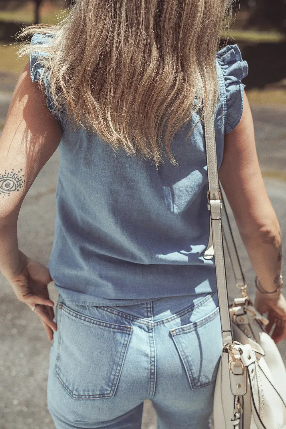 Frilly Ruffle Trim V Neck Chambray Tank - Trendsi - Flyclothing LLC