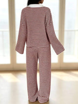 Striped Long Sleeve Polo and Wide-Leg Pants Set - Trendsi - Flyclothing LLC