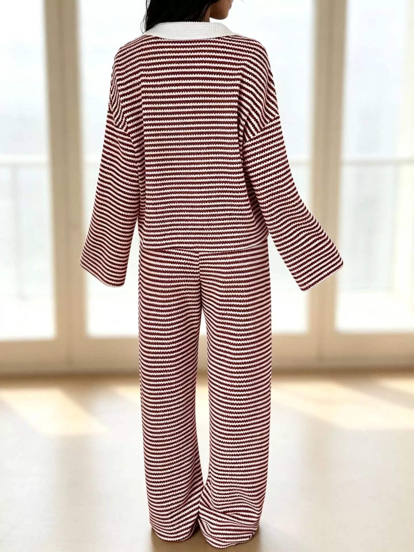Striped Long Sleeve Polo and Wide-Leg Pants Set - Trendsi - Flyclothing LLC