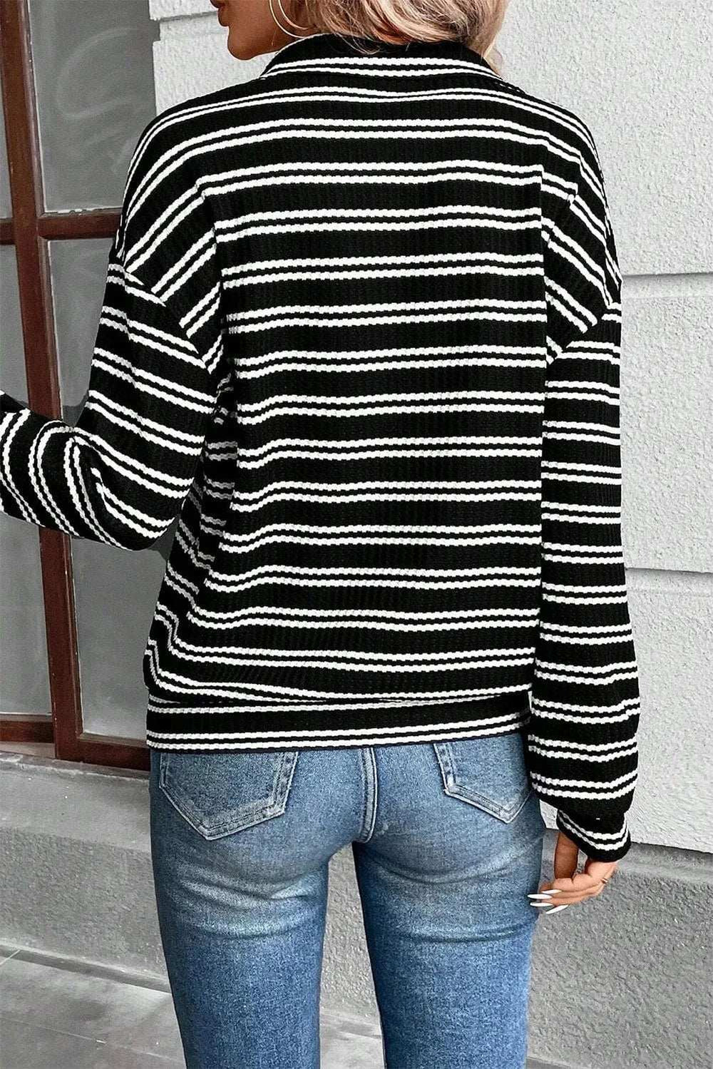 Striped Half Zip Long Sleeve Top - Trendsi - Flyclothing LLC
