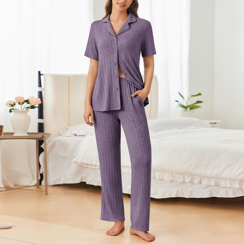 Button Down Long Sleeve Top and Pants Lounge Set - Trendsi