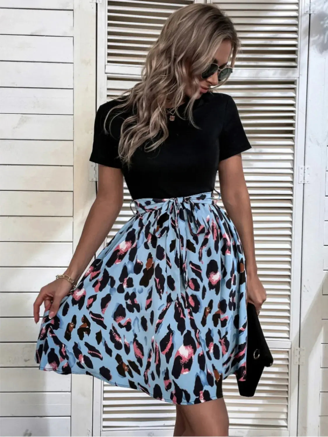 Tied Front Contrast Leopard Short Sleeve Mini Dress - Trendsi - Flyclothing LLC