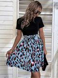 Tied Front Contrast Leopard Short Sleeve Mini Dress - Trendsi