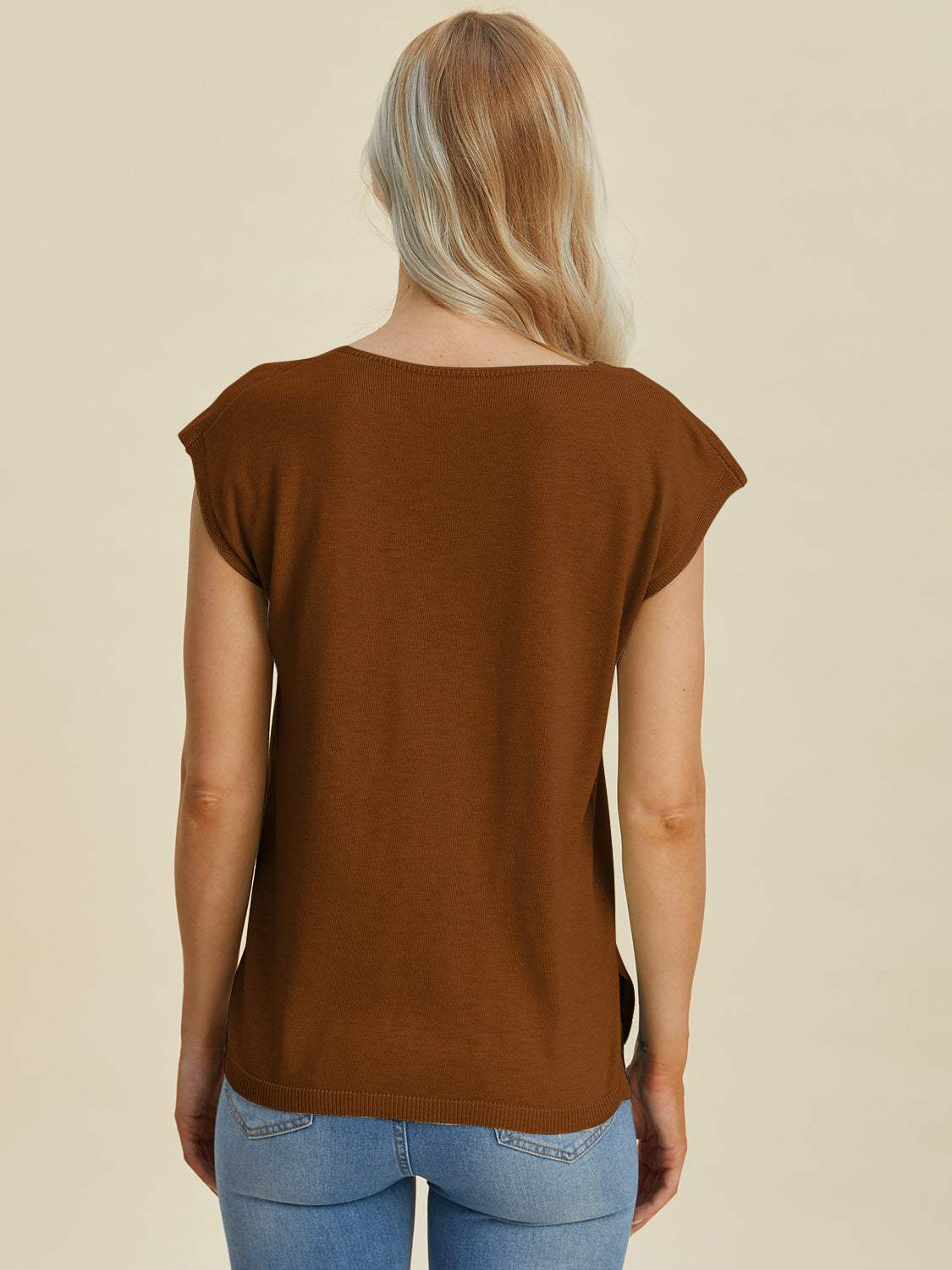 Double Take Full Size Notched Cap Sleeve Knit Top - Trendsi - Flyclothing LLC