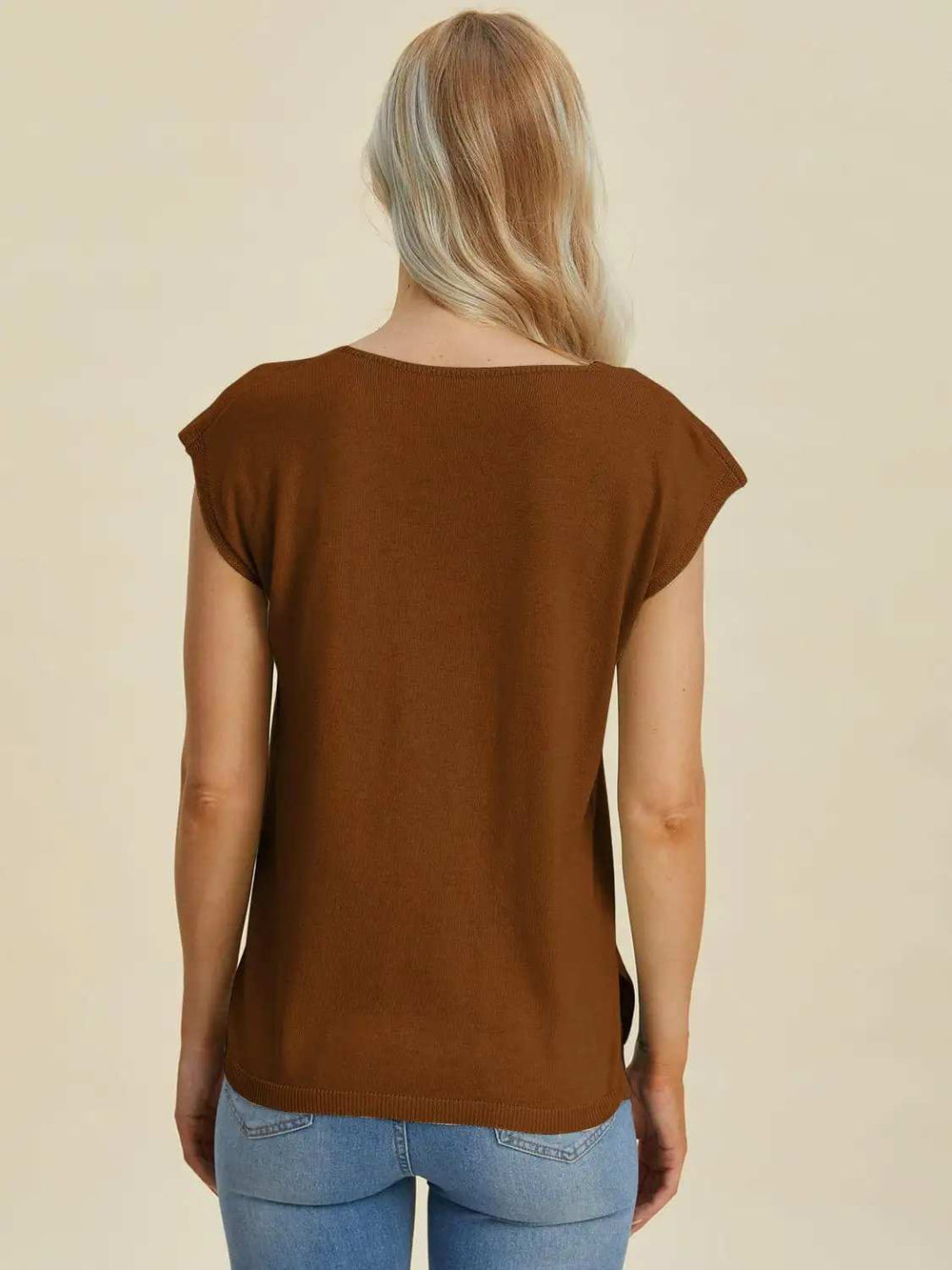 Double Take Full Size Notched Cap Sleeve Knit Top - Trendsi - Flyclothing LLC