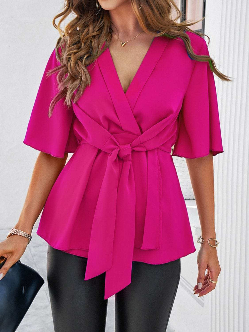 Devine Tied Front Peplum Blouse - Trendsi - Flyclothing LLC