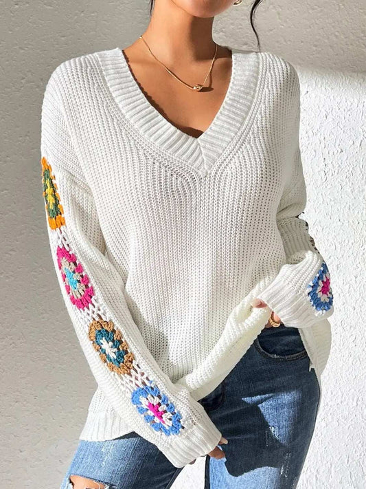 Crochet Flower V-Neck Sweater - Trendsi - Flyclothing LLC