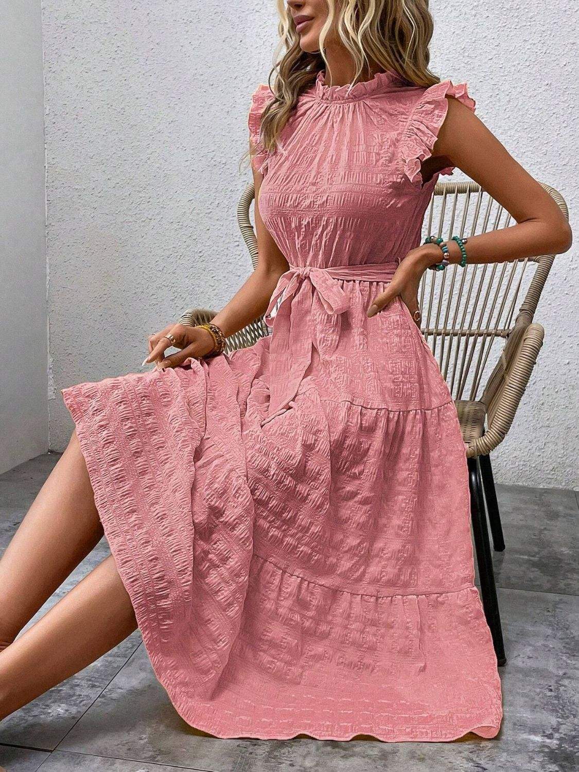 Tied Ruffled Cap Sleeve Midi Dress - Trendsi - Flyclothing LLC