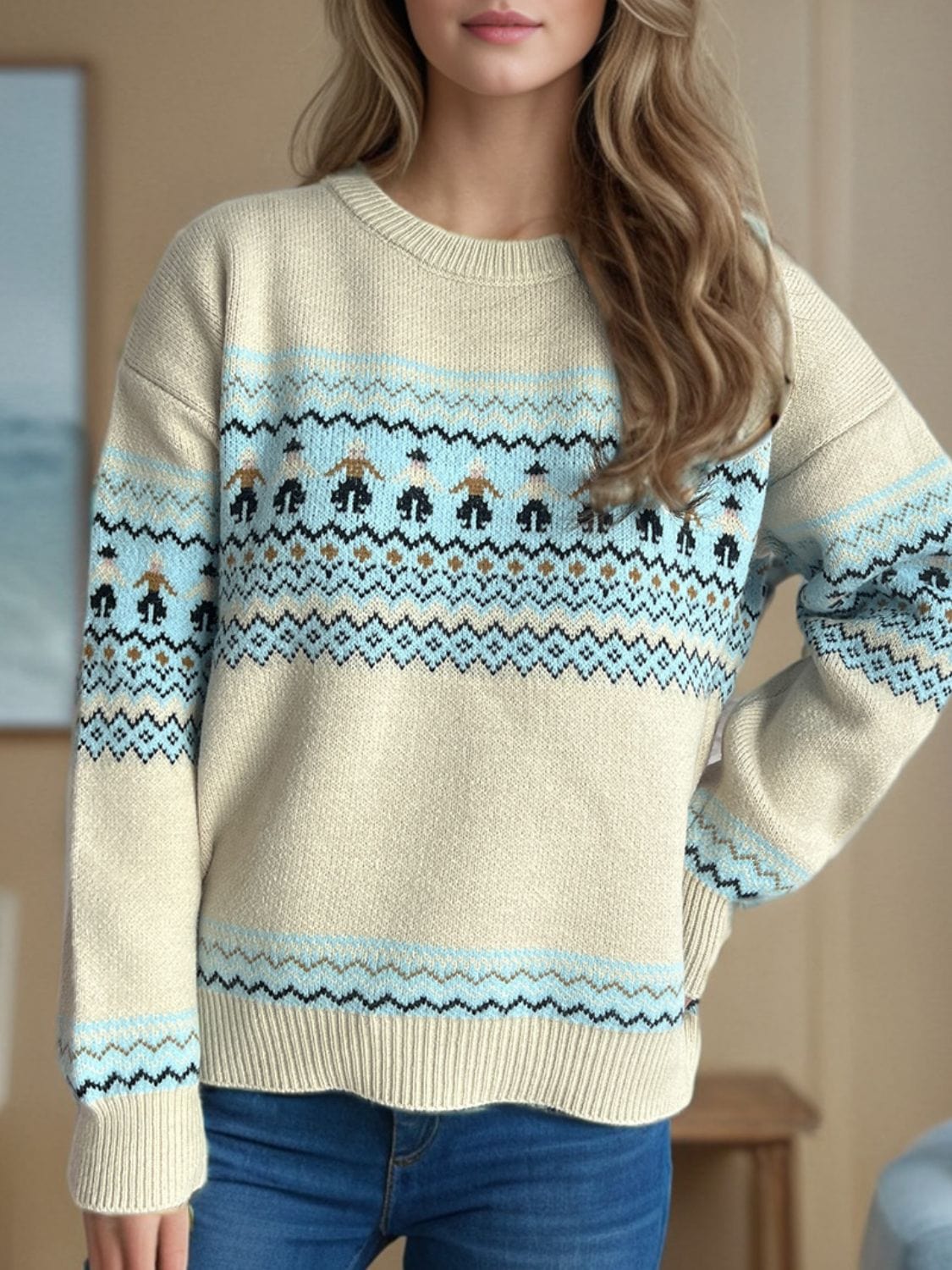 Contrast Round Neck Dropped Shoulder Sweater - Trendsi