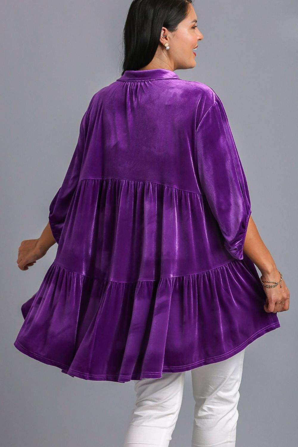 Umgee Full Size Button Down Tiered Back High Low Shirt - Trendsi - Flyclothing LLC