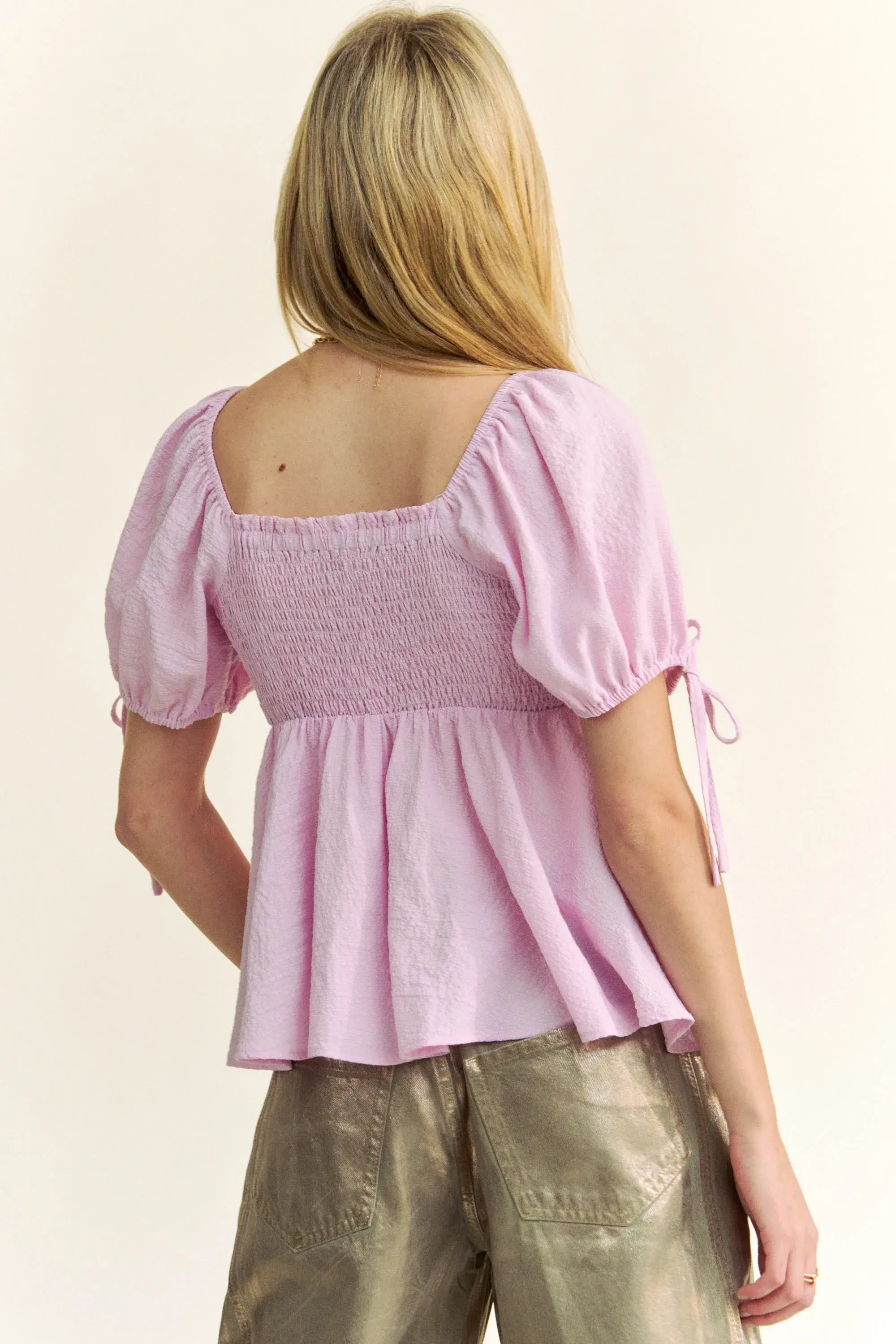 Davi & Dani Solid Elastic Peplum Puffed Sleeves Blouse - Trendsi - Flyclothing LLC