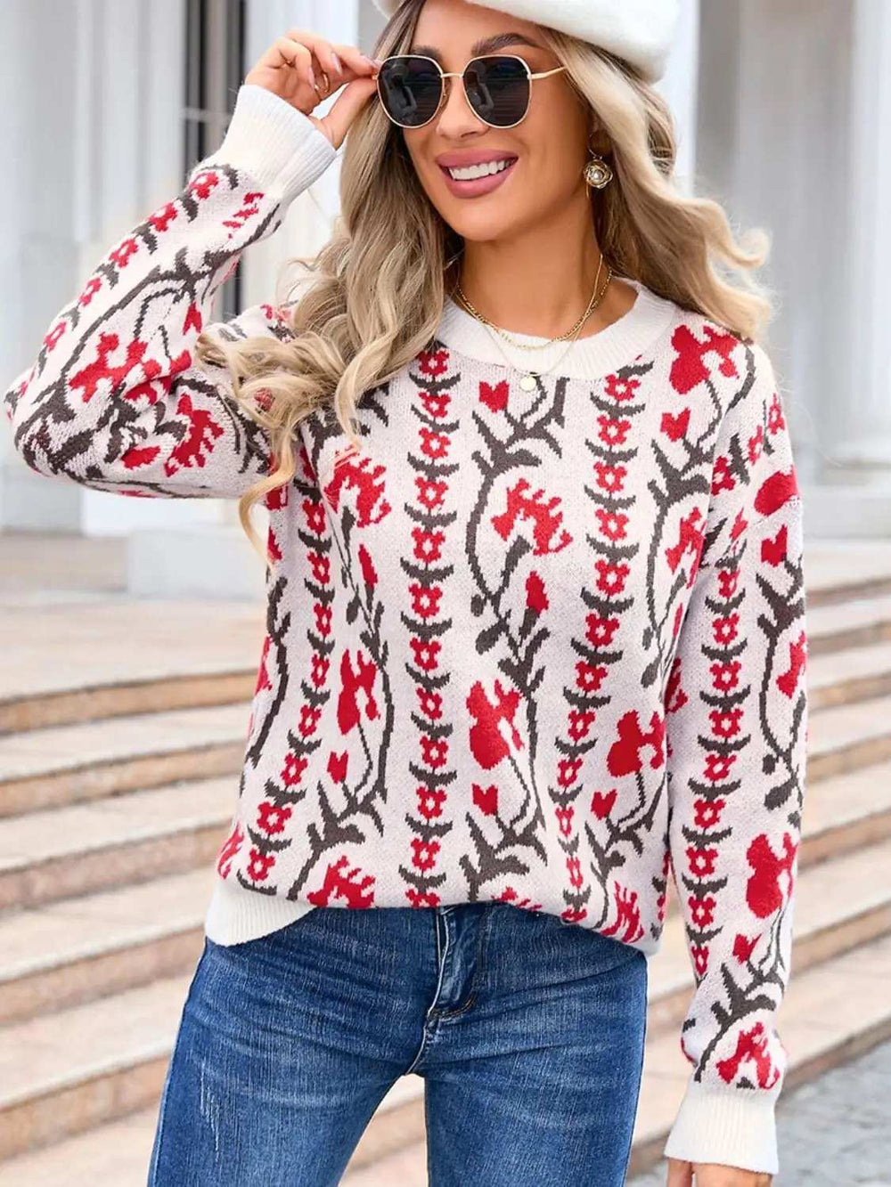 Flower Round Neck Long Sleeve Sweater - Trendsi - Flyclothing LLC
