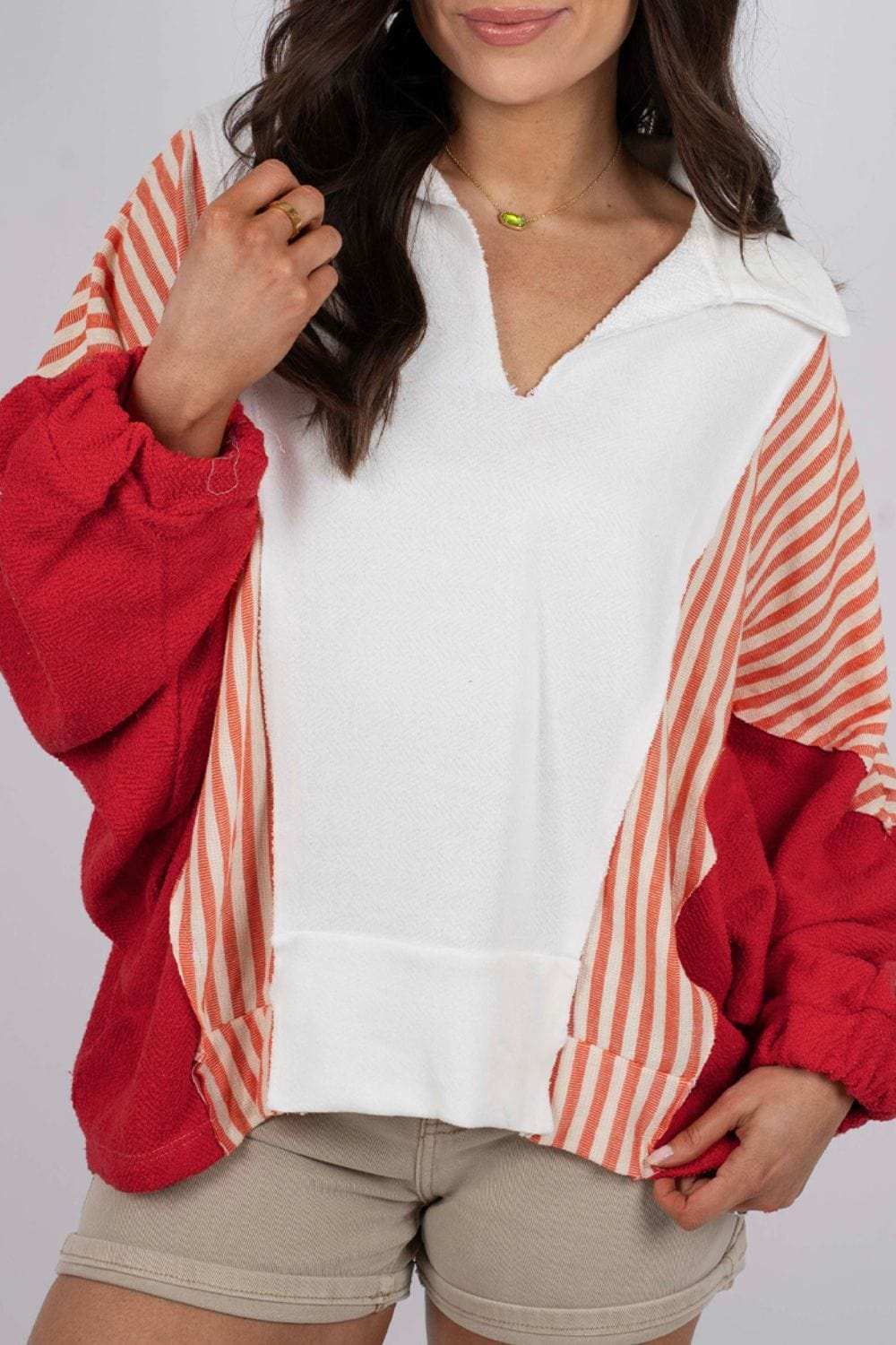 Striped Johnny Collar Long Sleeve Sweatshirt - Trendsi - Flyclothing LLC