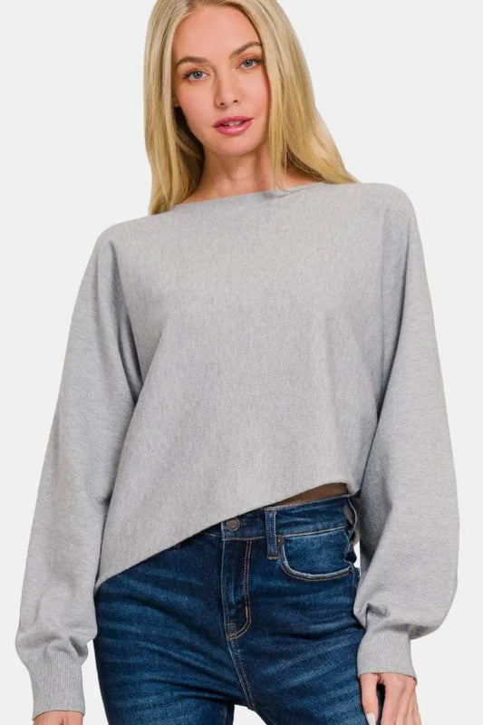 Zenana Asymmetric Hem Long Sleeve Sweater - Trendsi - Flyclothing LLC