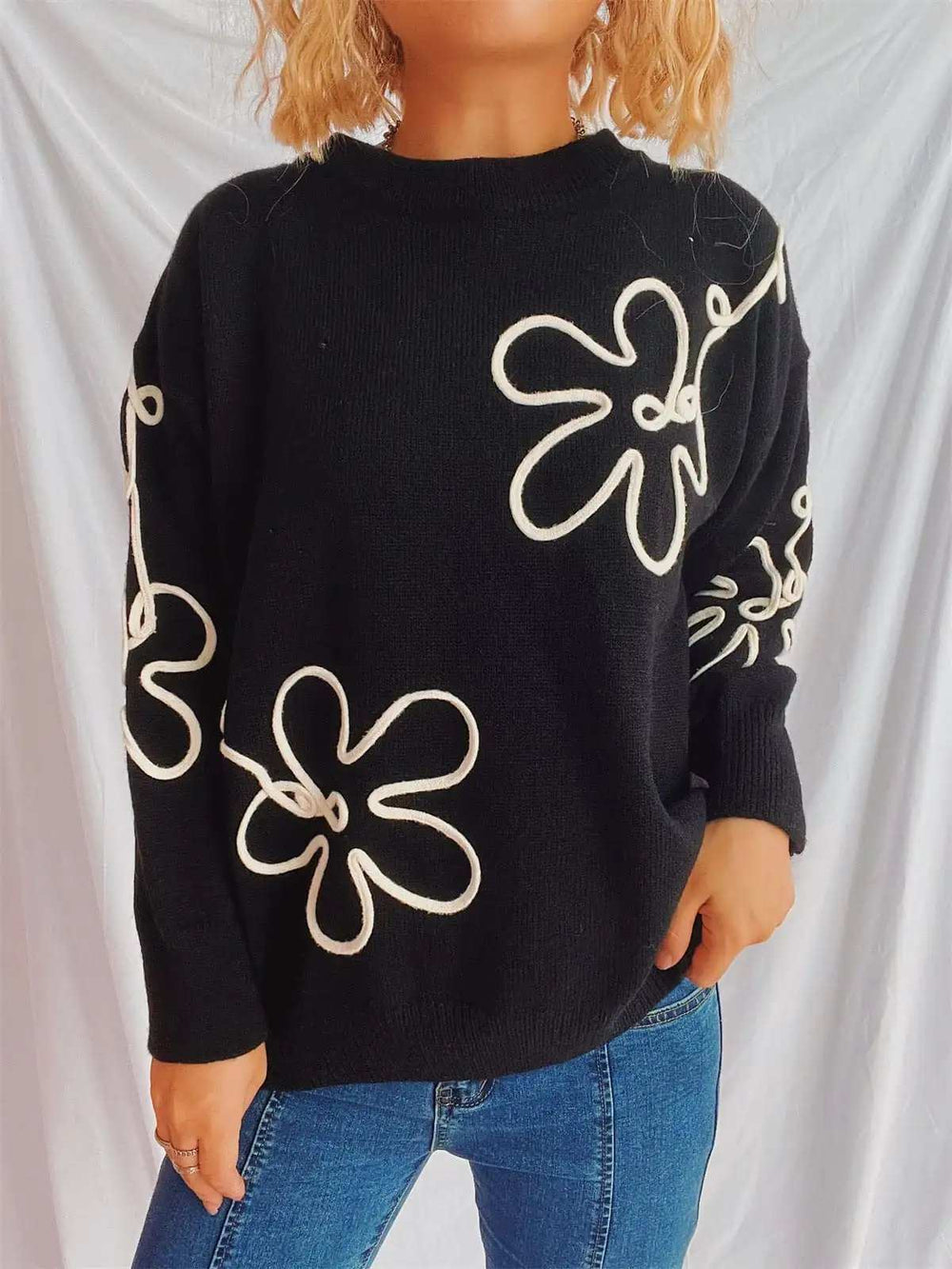 Flower Round Neck Long Sleeve Sweater - Trendsi - Flyclothing LLC