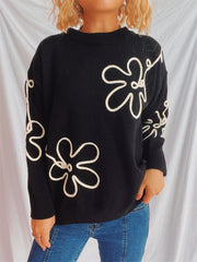 Flower Round Neck Long Sleeve Sweater - Trendsi