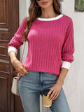 Ribbed Round Neck Raglan Sleeve Knit Top - Trendsi - Flyclothing LLC