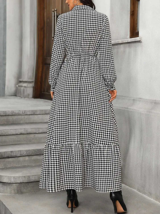 Ruffle Hem Plaid Long Sleeve Dress - Trendsi - Flyclothing LLC