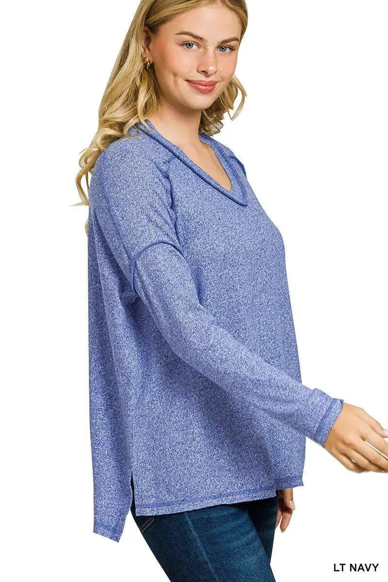 Zenana Soft Melange Hacci Exposed Seam Hi-low Tee - Trendsi - Flyclothing LLC