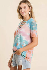 BiBi Tie-Dye V-Neck Cutout Short Sleeve T-Shirt - Trendsi - Flyclothing LLC