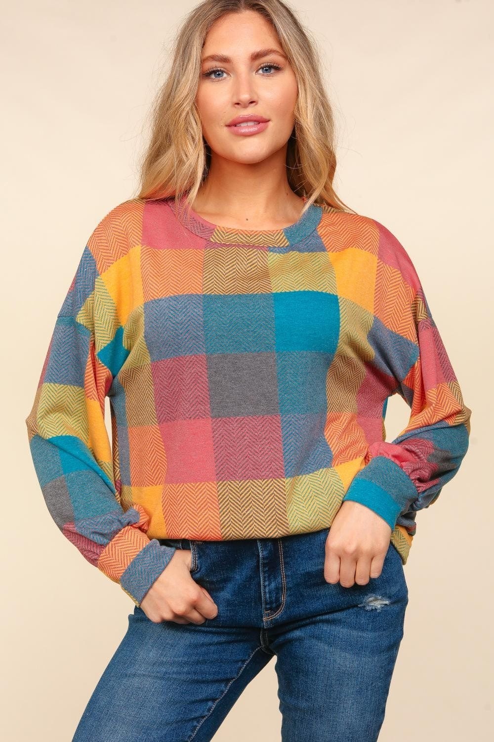 Haptics Round Neck Color Block Plaid Top - Trendsi