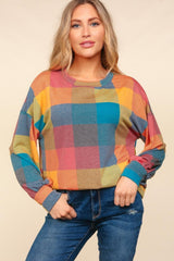 Haptics Round Neck Color Block Plaid Top - Trendsi