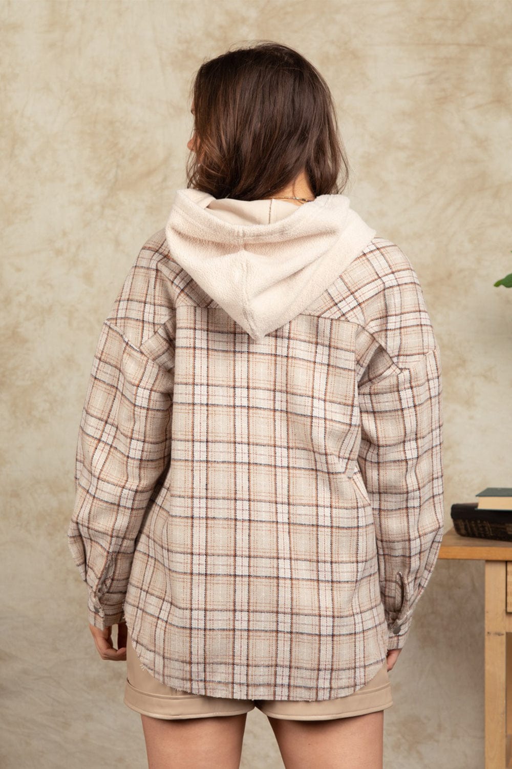 Drawstring Plaid Long Sleeve Hooded Jacket - Trendsi