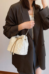 Chain Drawstring Raw Edge Denim Bucket Bag - Trendsi