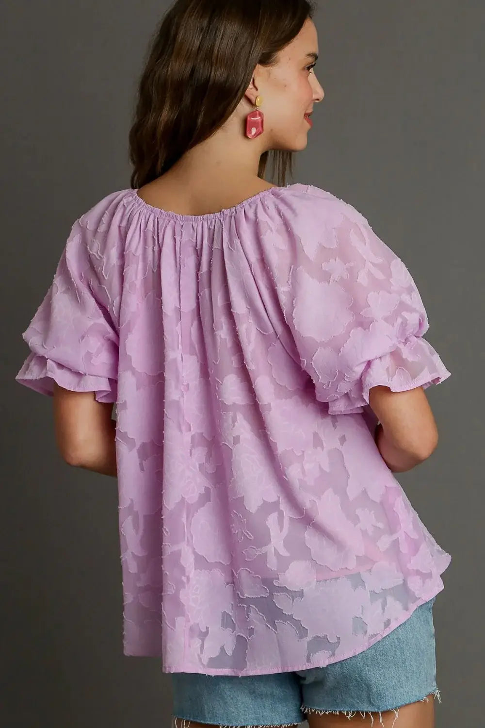Umgee Full Size Jacquard Round Neck Ruffled Puff Sleeve Blouse Plus Size - Trendsi - Flyclothing LLC