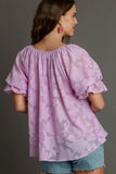 Umgee Full Size Jacquard Round Neck Ruffled Puff Sleeve Blouse Plus Size - Trendsi