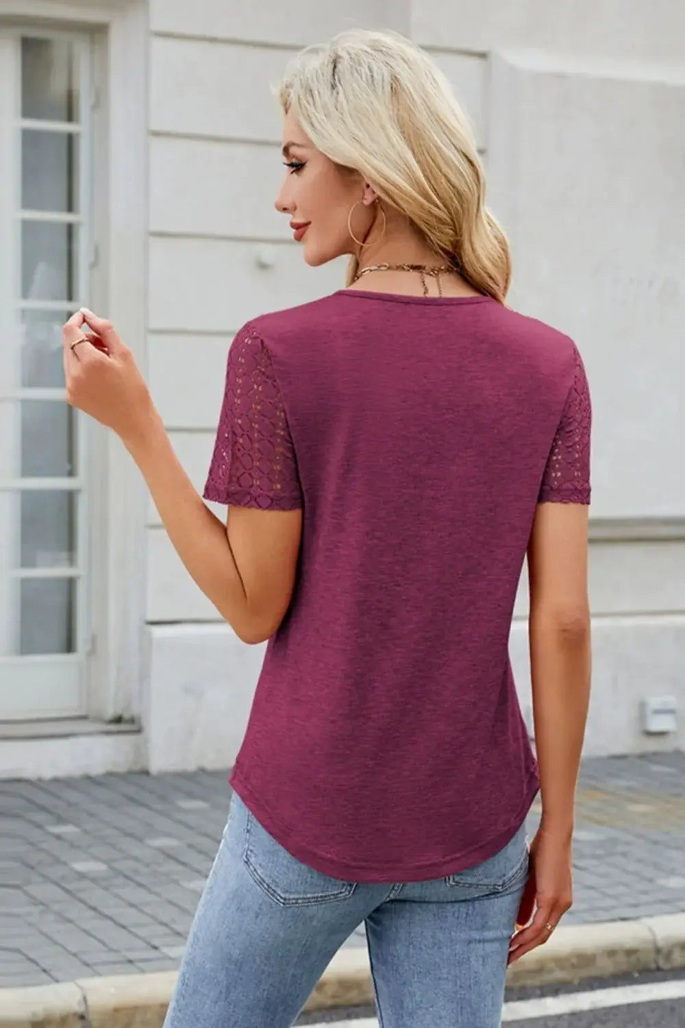 Smocked Round Neck Short Sleeve T-Shirt - Trendsi - Flyclothing LLC
